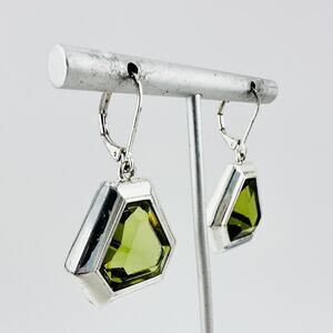 Chic Silver and Green Hexagon Earrings